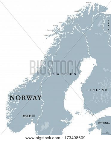 Norway political map with capital Oslo, national borders and neighbors. Kingdom and Scandinavian country in Northern Europe. Gray illustration, English labeling, isolated on white background. Vector.