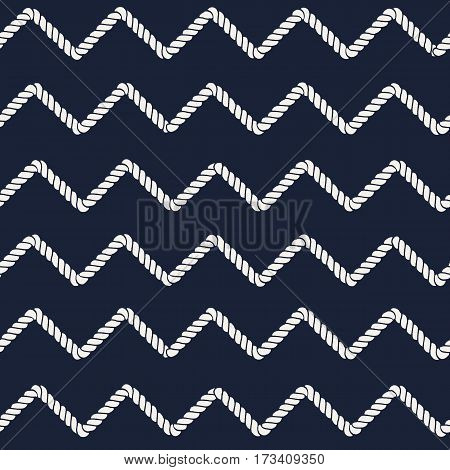 Marine rope line seamless pattern. Endless navy illustration with beige rope ornament, horizontal cord chevron on dark blue background. Trendy textured backdrop. Vector for fabric, wallpaper, wrapping