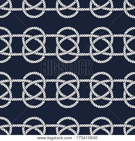 Seamless nautical rope pattern. Endless navy illustration with white loop ornament. Marine Carrick Bend knots on dark blue backdrop. Trendy maritime style background. For fabric, wallpaper, wrapping