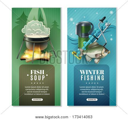 Winter fishing tips  tactics gear and soup recipes 2 vertical stylish background banners set isolated vector illustration