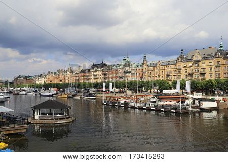STOCKHOLM, SWEDEN - JUNE 28, 2016: This view of the most fashionable district of the city - the quay of the area Ostermalm.