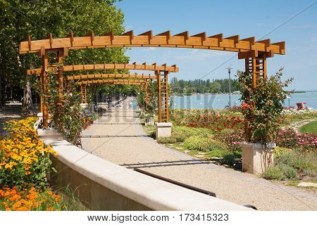 Lake Balaton beach with flower garden at Balatonfured Hungary.