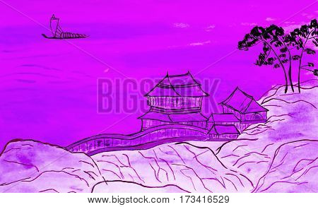 Hand painted picture, watercolours, in tradition of old Chinese art - landscape in purplecolours with houses on the rock.