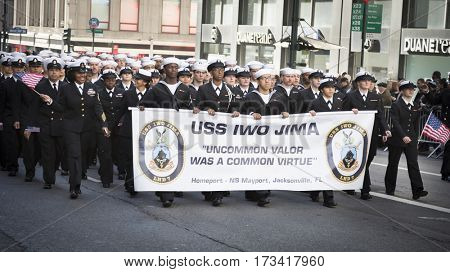 NEW YORK - 11 NOV 2016: US Navy, USN personnel from the USS Iwo Jima march in Americas Parade up 5th Avenue on Veterans Day in Manhattan.