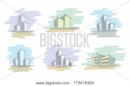 Hand sketches with pen and marker of city buildings. Vector illustration