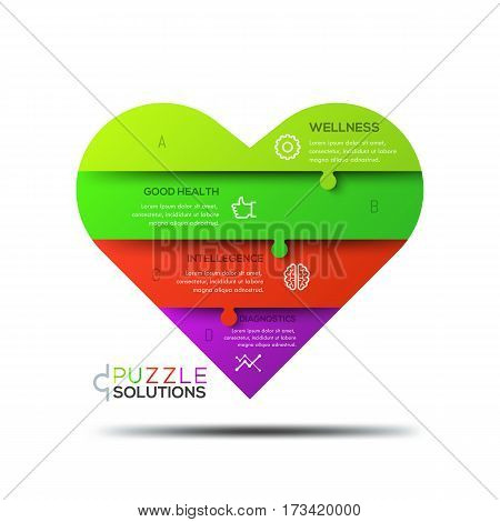 Modern infographic design template, jigsaw puzzle in shape of heart divided into 4 parts. Healthcare, wellness and medical service concept. Vector illustration for website, presentation, poster, ad.