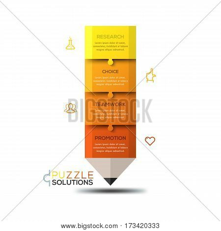 Modern infographic design template, jigsaw puzzle in shape of pencil divided into 4 parts. Study, research and educational program concept. Vector illustration for website, presentation, poster, ad.