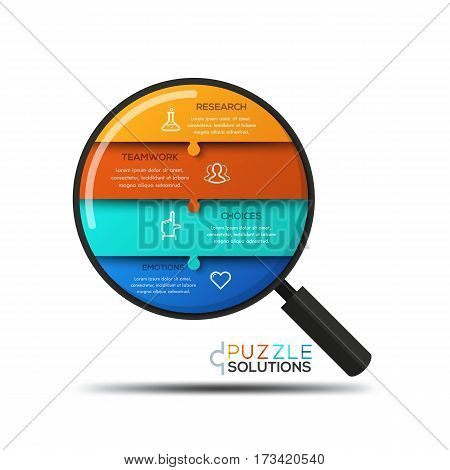 Modern infographic design template, jigsaw puzzle in shape of magnifier divided into 4 pieces. Problem analyzing, research and information search process concept. Vector illustration for website, ad.