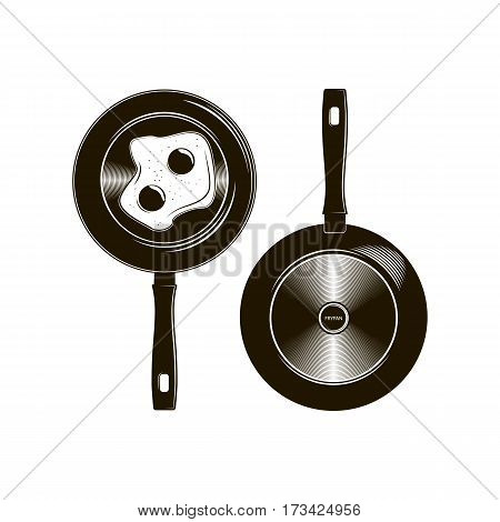Vector frying pan with long handle described in flat monochrome lines top and bottom. Illustration Of Fried Egg.