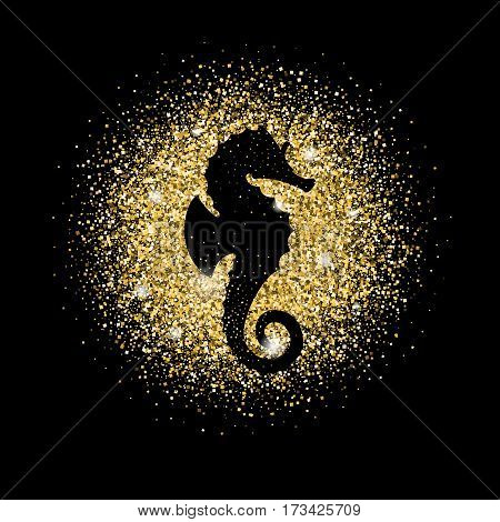 Gold Dust Shine On Black Background. Dark Seahorse On Golden Glitter. Yellow Shining Isolated Sand.