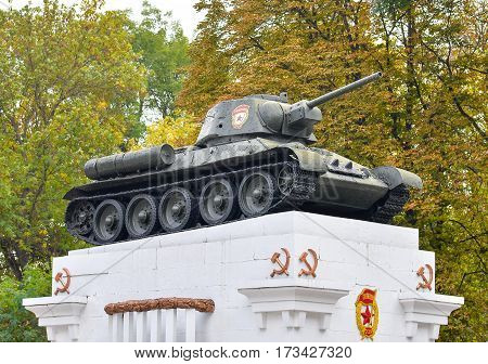 October 20, 2016 - Kamianets-Podilskyi, Ukraine: Tank t-34 on the pedestal. Soviet tank from the second war. Park memorial to Second World War.