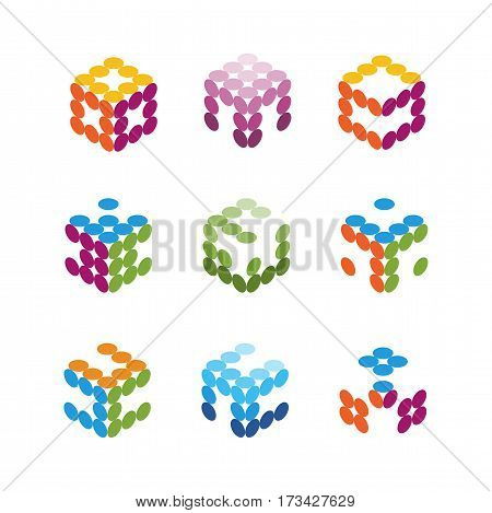 Collection Of Vector Logos Consists Of Small Dots In The Isometric. Isolated Icons Stylized Cube.
