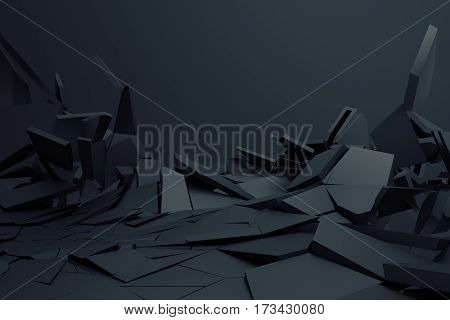 Abstract 3d rendering of cracked surface. Background with broken shape. Wall destruction. Bursting with debris. Modern cgi illustration. Design for poster, banner, placard, cover, print.