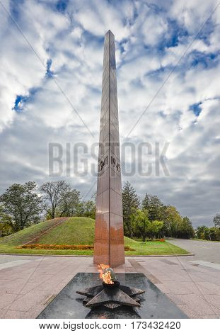 Chernihiv, Ukraine - October 25, 2016: Chernihiv Glory Memorial. Eternal flame in memory of the fallen in World War II in Chernihiv, Ukraine. Europe landmarks