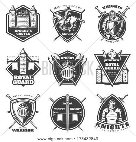 Vintage medieval labels set with armored knights crossed weapons and defensive buildings isolated vector illustration
