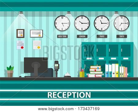 Interior of modern reception, computer, keypad, safety boxes, clocks, document paper, pen, service bell. Hotel hostel guesthouse lobby, tourism concept. Vector illustration in flat design