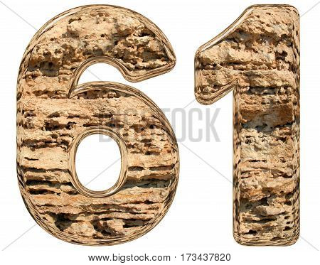 Numeral 61, Sixty One, Isolated On White, Natural Limestone, 3D Illustration