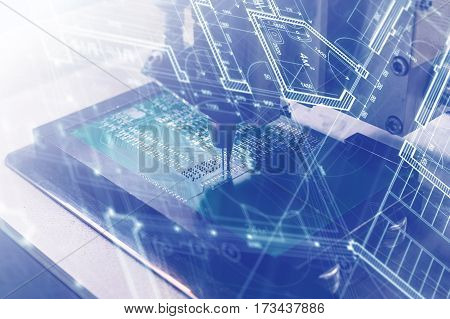 The concept of future technologies. Computer board with visual effects in a futuristic style. Automation of machine assembly of computer circuit board. The process of soldering the board.