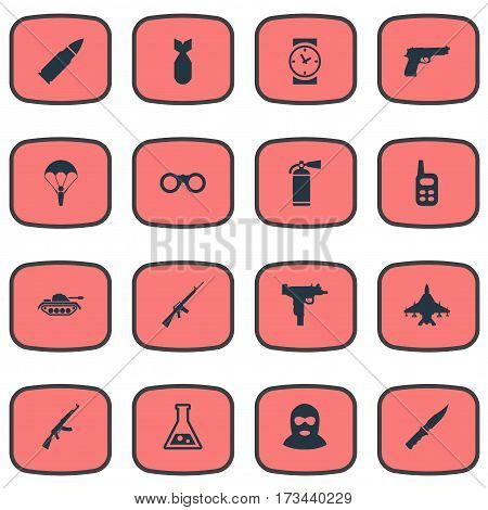 Set Of 16 Simple Terror Icons. Can Be Found Such Elements As Chemistry, Cold Weapon, Paratrooper And Other.