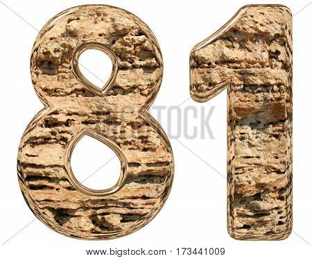 Numeral 81, Eighty One, Isolated On White, Natural Limestone, 3D Illustration