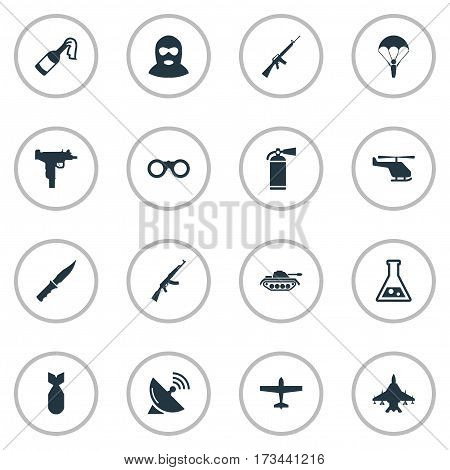 Set Of 16 Simple Army Icons. Can Be Found Such Elements As Sky Force, Helicopter, Cold Weapon And Other.