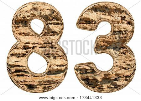 Numeral 83, Eighty Three, Isolated On White, Natural Limestone, 3D Illustration