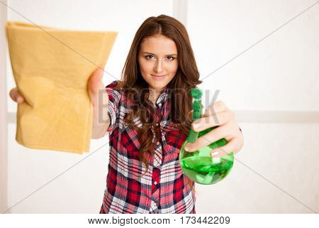Happy Young Woman Cleaning Windows Isolated Over White Vackground