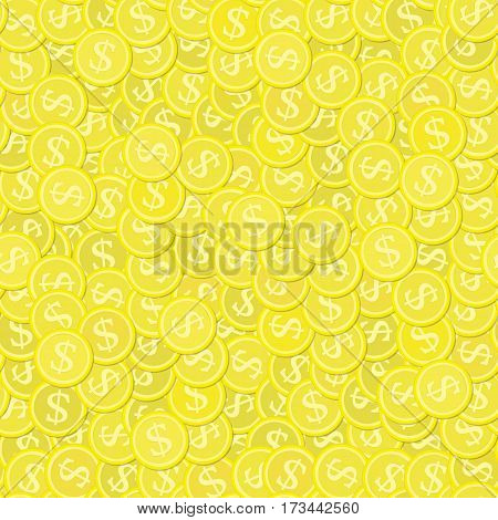 Seamless background with golden coins. Wealth business backdrop. Dollar finance success pattern. Modern flat design. Vector illustration. EPS 10.