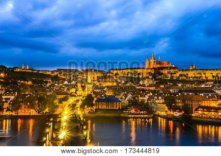 Overview of the Prague Castle in the early evening, view from the Old Town Bridge Tower