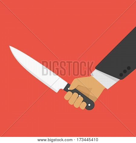 Hand holding a knife. Concept of aggression, violence or murder. Sharp dagger in the man hand. Vector illustration in flat style. EPS 10.