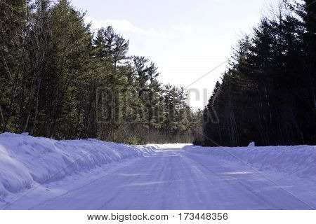 Wide view of a snowy country road lined with full green fir trees at Pabineau Falls near Bathurst New Brunswick on a bright sunny day with blue skies and clouds in February.