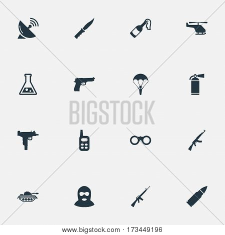 Set Of 16 Simple Terror Icons. Can Be Found Such Elements As Cold Weapon, Walkies, Field Glasses And Other.