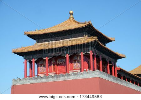 BEIJING - FEBRUARY 23:  Solemn Tower, The Meridian Gate Wumen in the Forbidden City, Beijing, China, February 23, 2016.