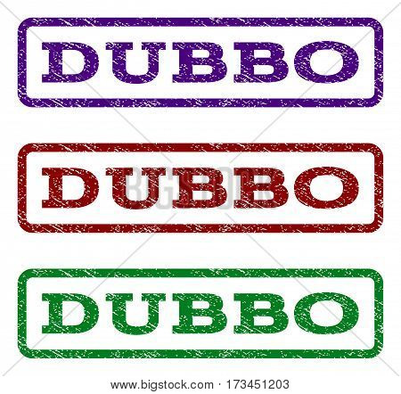 Dubbo watermark stamp. Text caption inside rounded rectangle frame with grunge design style. Vector variants are indigo blue red green ink colors. Rubber seal stamp with scratched texture.