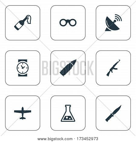 Set Of 9 Simple Battle Icons. Can Be Found Such Elements As Kalashnikov, Cold Weapon, Air Bomber And Other.