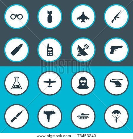 Set Of 16 Simple Military Icons. Can Be Found Such Elements As Helicopter, Signal Receiver, Air Bomber And Other.