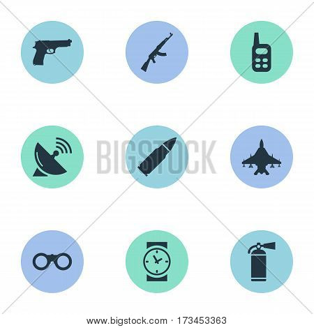 Set Of 9 Simple Army Icons. Can Be Found Such Elements As Ammunition, Sky Force, Field Glasses And Other.