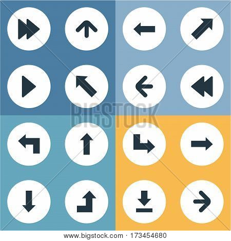 Set Of 16 Simple Indicator Icons. Can Be Found Such Elements As Right Direction, Rearward, Pointer And Other.
