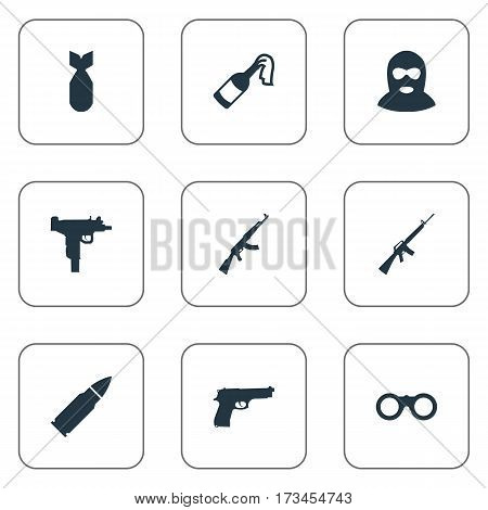 Set Of 9 Simple Army Icons. Can Be Found Such Elements As Firearm, Field Glasses, Nuke And Other.