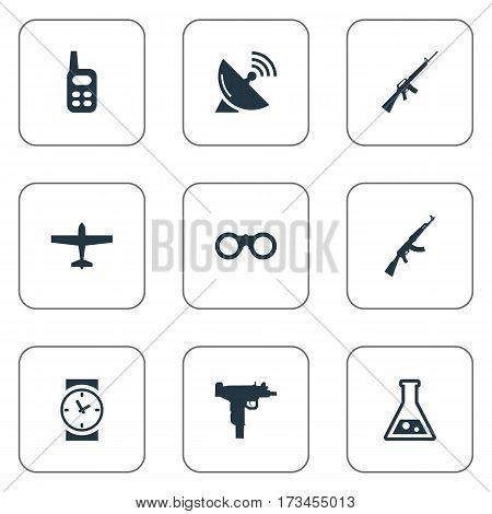 Set Of 9 Simple Battle Icons. Can Be Found Such Elements As Walkies, Rifle Gun, Kalashnikov And Other.