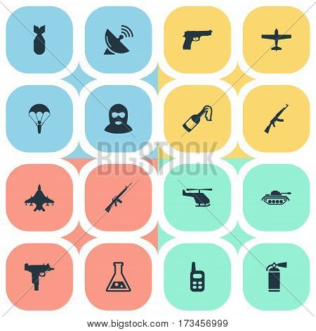 Set Of 16 Simple War Icons. Can Be Found Such Elements As Pistol, Molotov, Firearm And Other.
