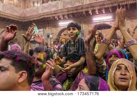 Vrindavan, India. March 20, 2016. Holi celebration in the Hindu Banke Bihare temple in Vrindavan, Uttar Pradesh, India.