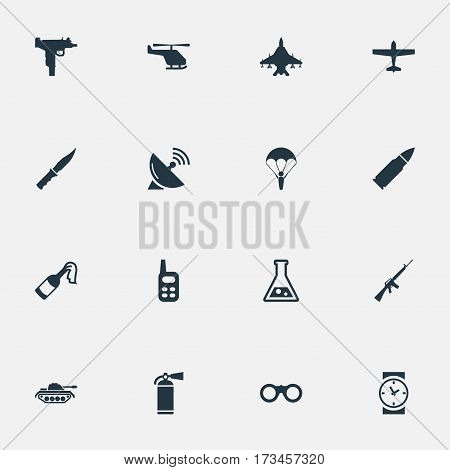 Set Of 16 Simple Military Icons. Can Be Found Such Elements As Extinguisher, Firearm, Sky Force And Other.