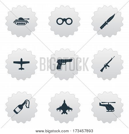 Set Of 9 Simple Army Icons. Can Be Found Such Elements As Rifle Gun, Field Glasses, Pistol And Other.