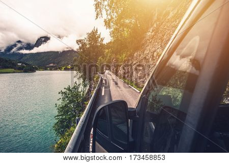 Driving Motohome Through Narrow Norwegian Road. Rving in the Norway.