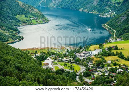 Geiranger Summer Time Panorama Norway. Geiranger is a Small Tourist Village in Sunnmore Region of More og Romsdal County in the Norway.
