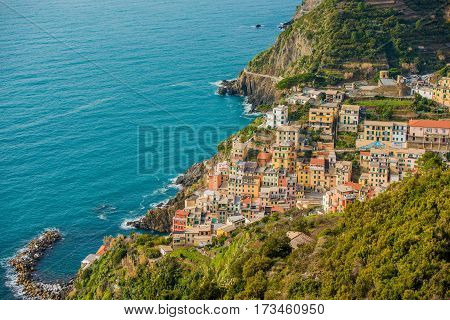 Riomaggiore Ligura Italy. Village of Riomaggiore Panorama. Liguria Mediterranean Sea Landscape.