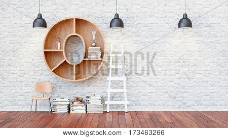 A library with bookshelves a letter o. 3d render and illustration.