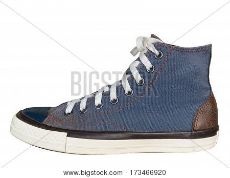 close up vintage style of sport blue and leather sneaker shoe isolated on white background with clipping path