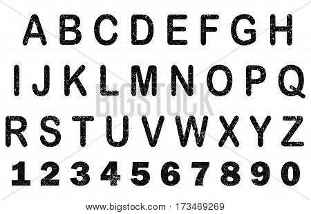 Vintage retro typeface. Rubber Stamp Alphabet and Numbers on white background.